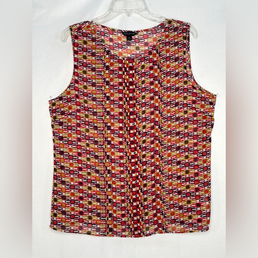 Banana Republic Blouse‎ Sleeveless Pleats Red Yellow Maroon Lightweight Sz XL